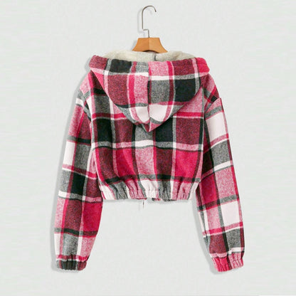 Women's Elegant Plaid Hooded Jacket, Full-Zip Lightweight Coat For Winter Casual Wear