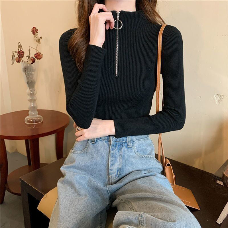 Women's Slim Fit Half-Zip Turtleneck Sweater, Long Sleeve Knit Top For Office And Casual Winter Wear