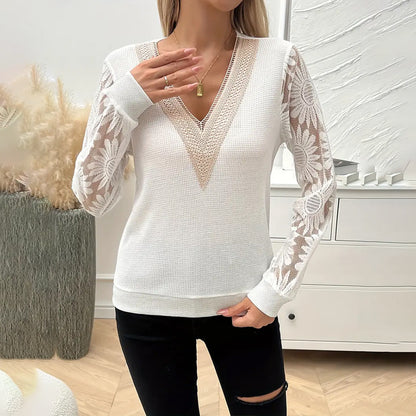 Elegant Women's Sunflower Embroidered Guipure Lace  V-Neck Tee - Breathable Long Sleeve Blouse