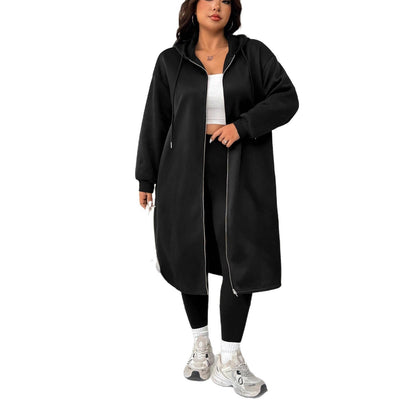 Extended Hooded Zipper Pocket Long Sleeve Loose Casual Women's Top