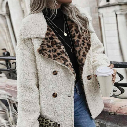 Women's Clothing Leopard Splicing Plush Long Sleeve Coat