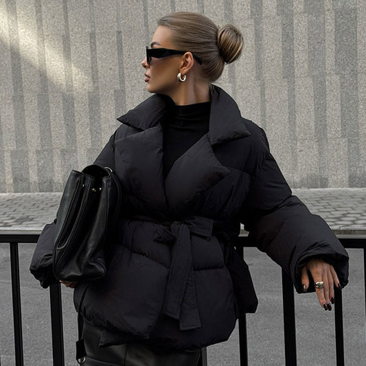 Waist-controlled Lace-up Lapel Long Sleeve Cotton Jacket