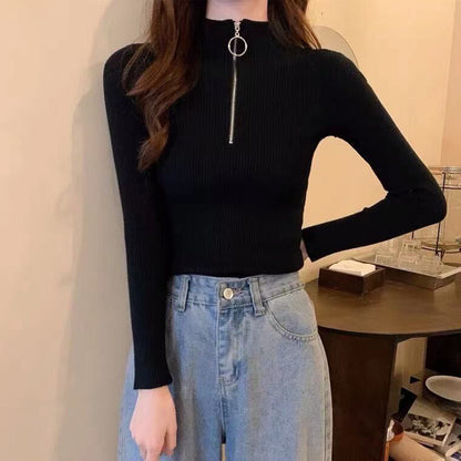 Women's Slim Fit Half-Zip Turtleneck Sweater, Long Sleeve Knit Top For Office And Casual Winter Wear