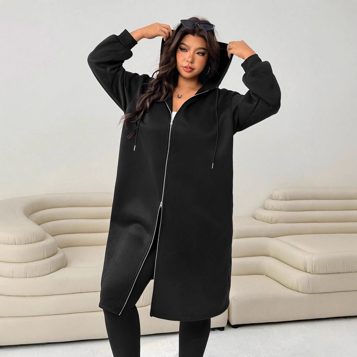 Extended Hooded Zipper Pocket Long Sleeve Loose Casual Women's Top