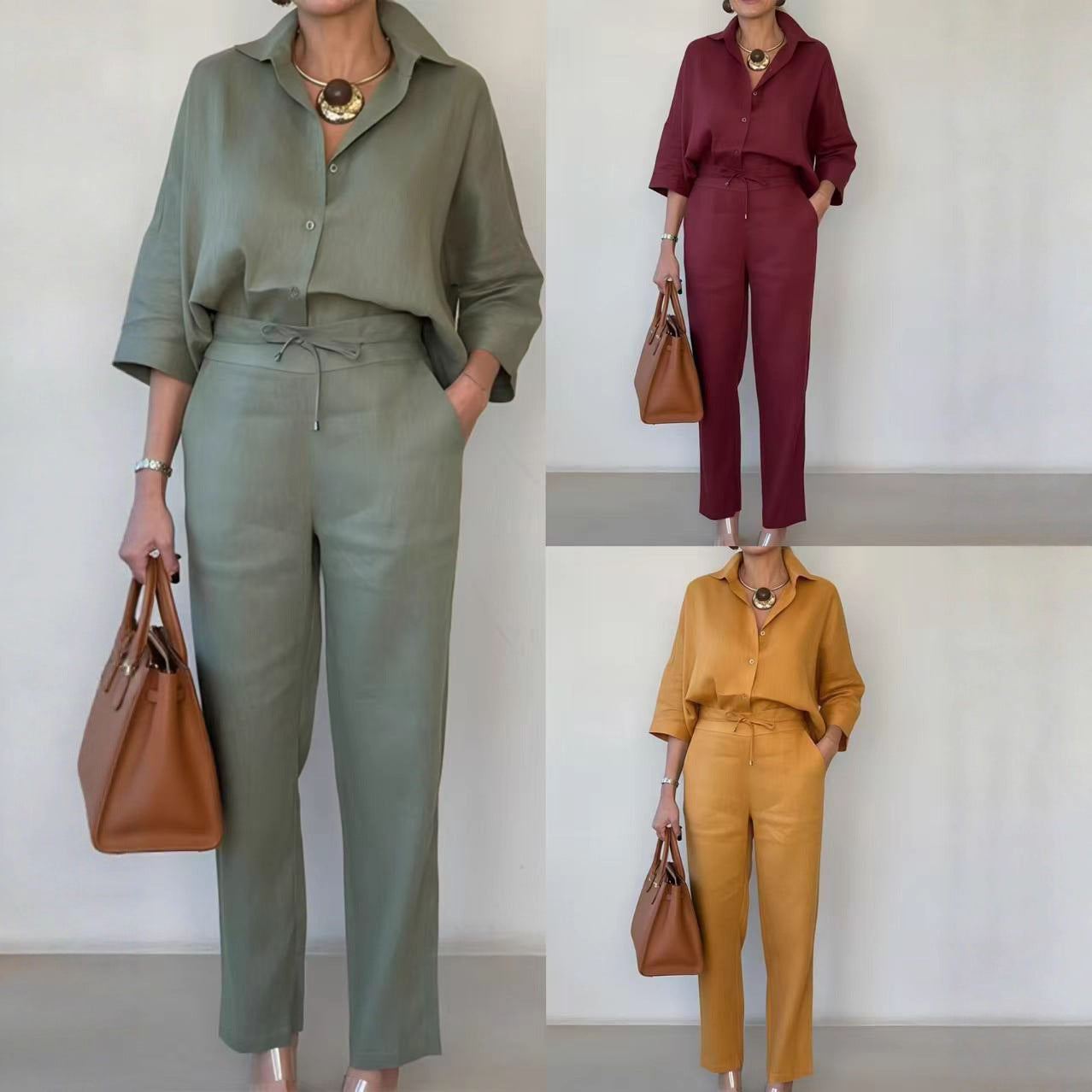 Nouvelle chemise en lin élégante à col polo de couleur unie et pantalon deux pièces.