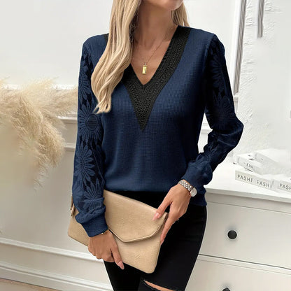 Elegant Women's Sunflower Embroidered Guipure Lace  V-Neck Tee - Breathable Long Sleeve Blouse