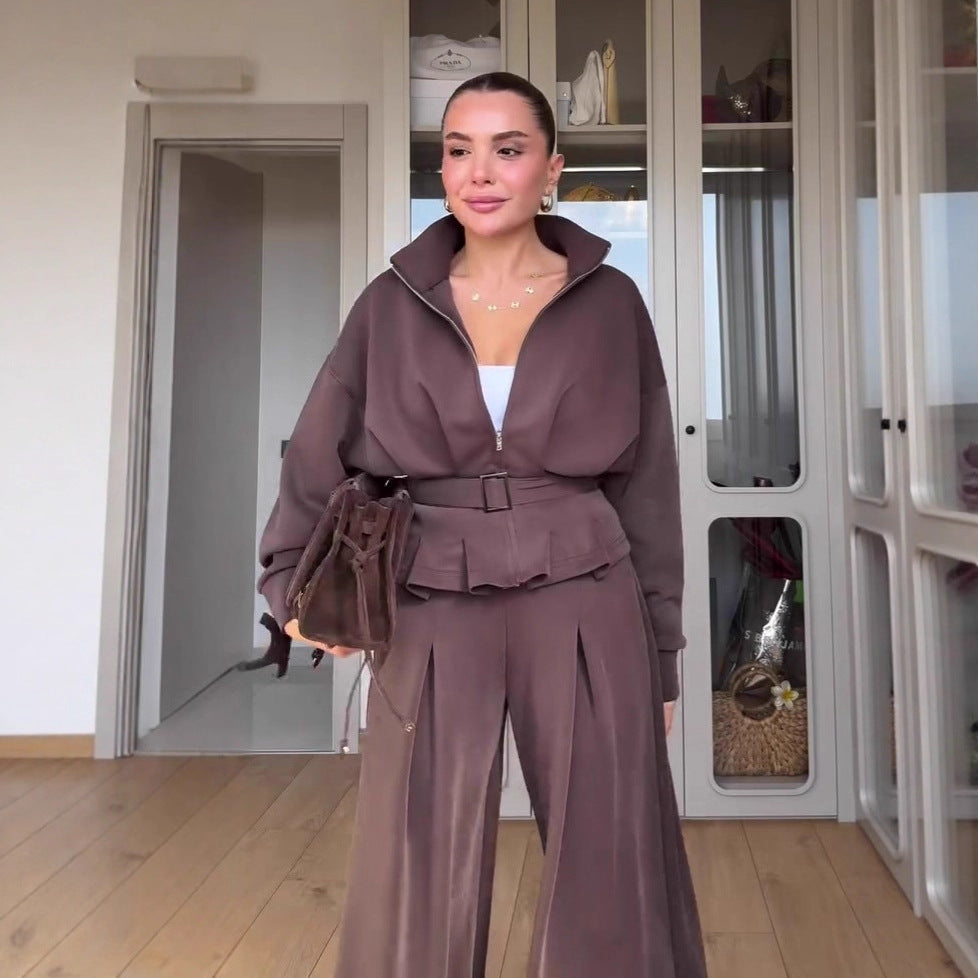 Women's Polo Collar Solid Color Waist Slimming Wide Leg Pants Suit