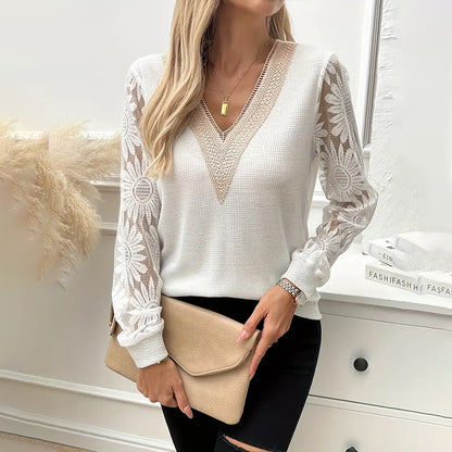 Elegant Women's Sunflower Embroidered Guipure Lace  V-Neck Tee - Breathable Long Sleeve Blouse