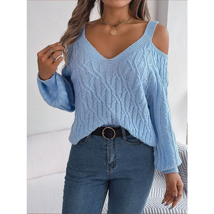 Real Shot Autumn-Winter 2025 Casual Solid Color Fried Dough Twists Off Shoulder Lantern Sleeve Sweater