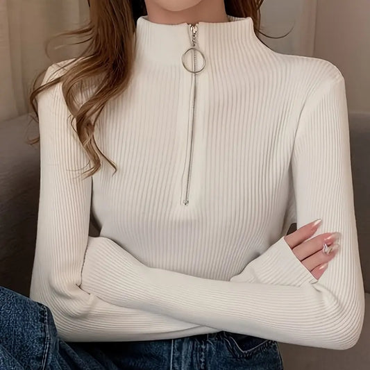 Women's Slim Fit Half-Zip Turtleneck Sweater, Long Sleeve Knit Top For Office And Casual Winter Wear