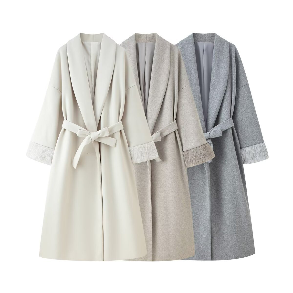 Manteau Long en Laine avec Col et Poignets en Fausse Fourrure