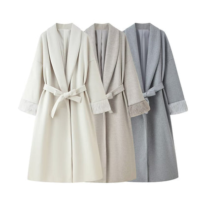 Manteau Long en Laine avec Col et Poignets en Fausse Fourrure