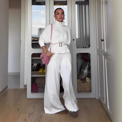 Women's Polo Collar Solid Color Waist Slimming Wide Leg Pants Suit