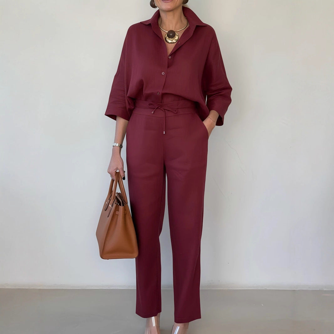 Nouvelle chemise en lin élégante à col polo de couleur unie et pantalon deux pièces.